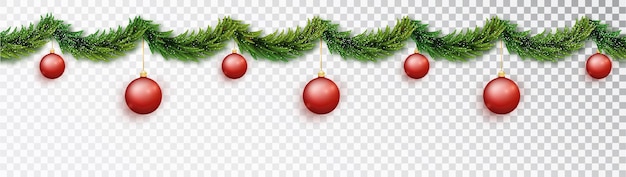 Christmas garland of branches with red new balls and falling snow isolated on transparent background. Seamless banner, can be extended to desired size.