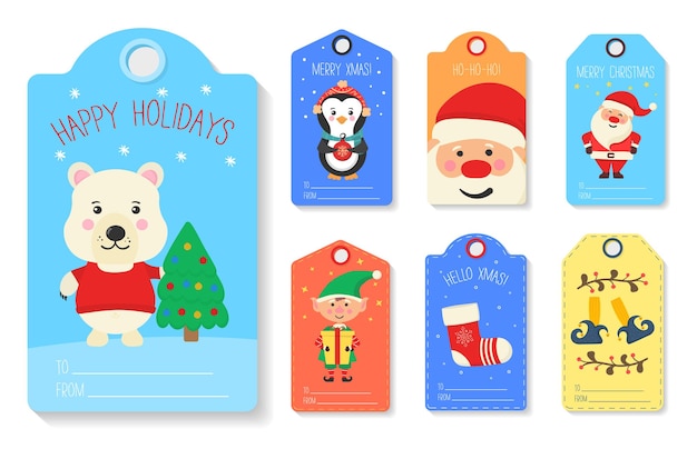 Christmas gift tags with winter animals characters cards merry christmas happy new year label