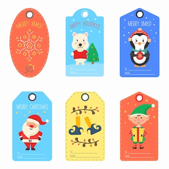 Christmas gift tags with winter animals characters cards merry christmas happy new year label