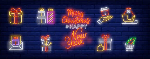 Christmas gifts symbols set in neon style