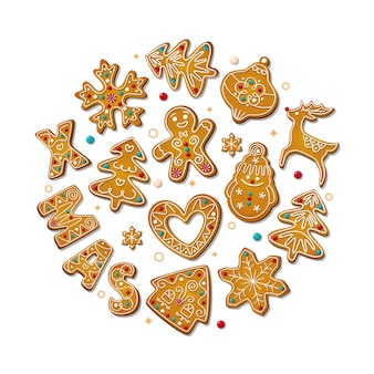 白い背景の甘い砂糖ビスケットに分離された漫画スタイルのクリスマスジンジャーブレッドクッキー