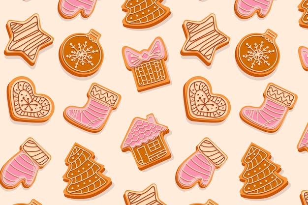 Christmas gingerbread cookies seamless pattern decorated with cream and glaze figures of christmas tree toys