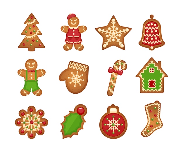 Free vector christmas gingerbread cookies on white background. christmas tree and star, bell and house