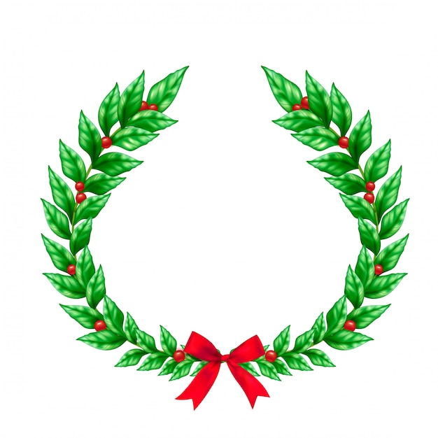 Vettore gratuito corona verde di natale decorata con il segno realistico dell'arco e delle bacche del nastro rosso