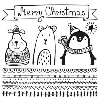 Рождественская открытка с животным, пингвином в шляпе и шарфе, собакой в шляпе и свитере и медведем. с рождеством христовым.