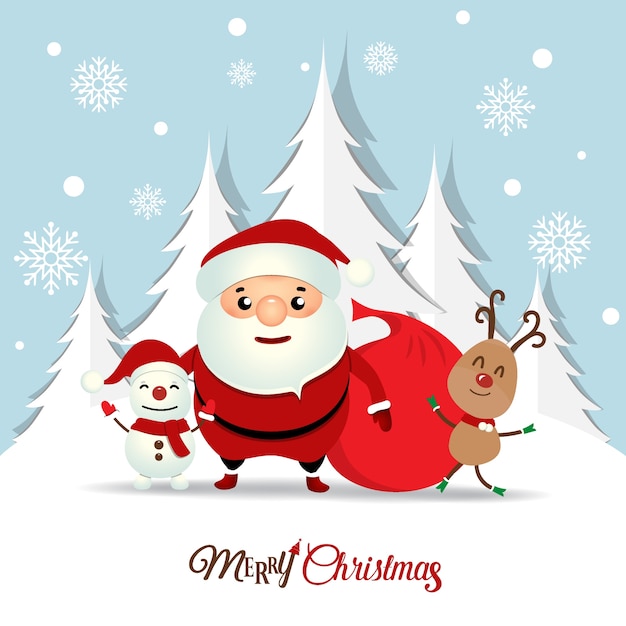 Christmas greeting card with christmas santa claus ,snowman and reindeer. vector illustration