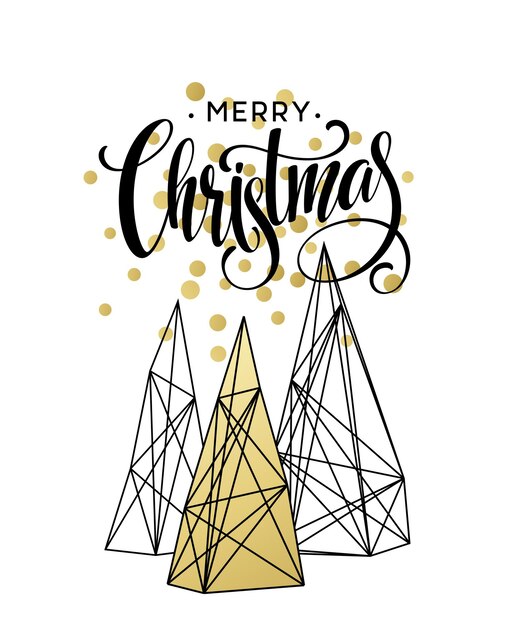 Free vector christmas greeting card with handdrawn lettering. golden, black and white colors. trend design element for xmas decorations and posters. vector illustration eps10
