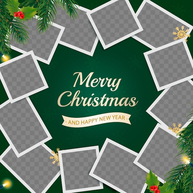 Christmas greeting card with photo frames and realitic decoration