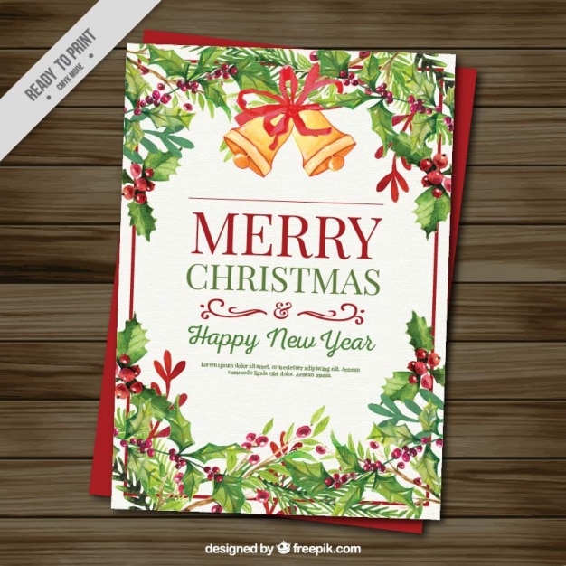 christmas greeting of watercolor mistletoe and bells