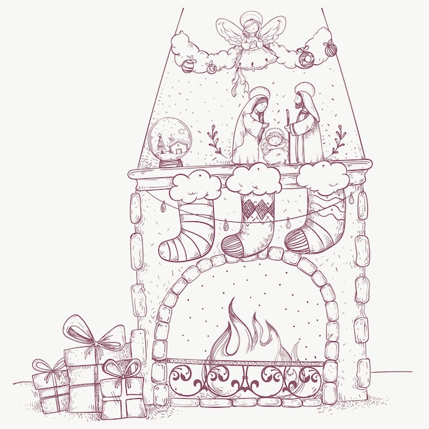 Christmas hand drawn fireplace scene