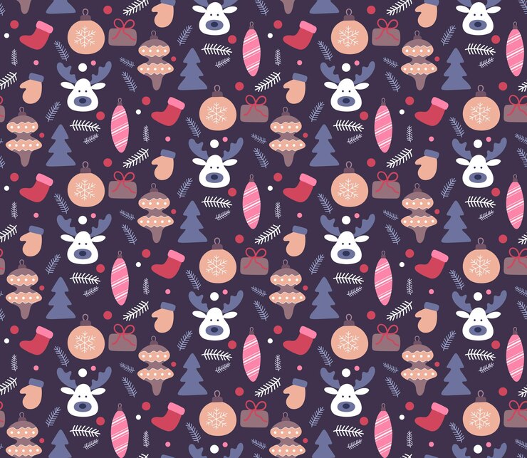 Free Vector christmas hand drawn seamless pattern. doodles style in dark color. winter holiday background, texture for wallpapers, fabrics, wrapping paper. vector illustration.
