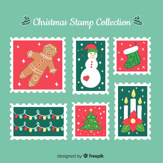 無料ベクター クリスマスの手描きの切手コレクション