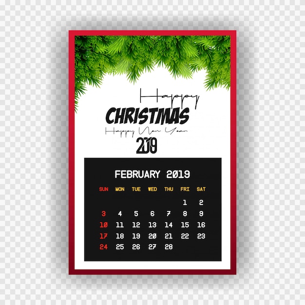 Free vector christmas happy new year 2019 calendar february