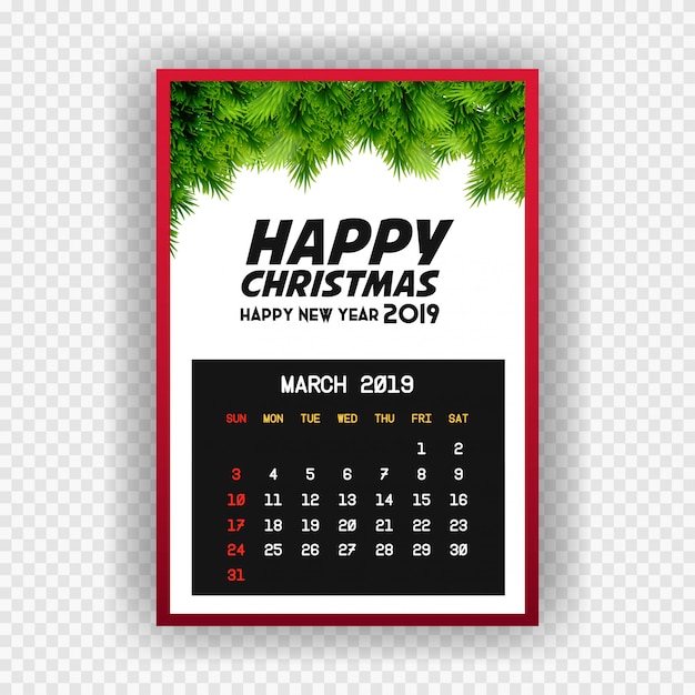 Christmas happy new year 2019 calendar march