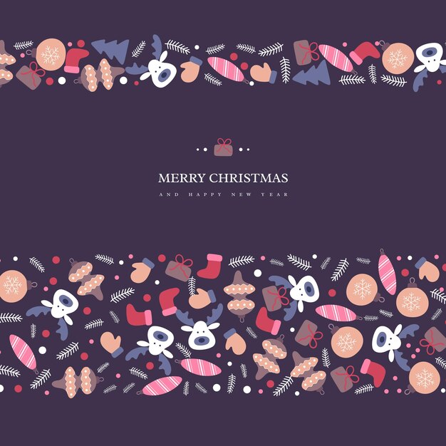 Christmas holiday design with doodles style hand drawn winter elements. Dark background with greeting text, vector illustration.
