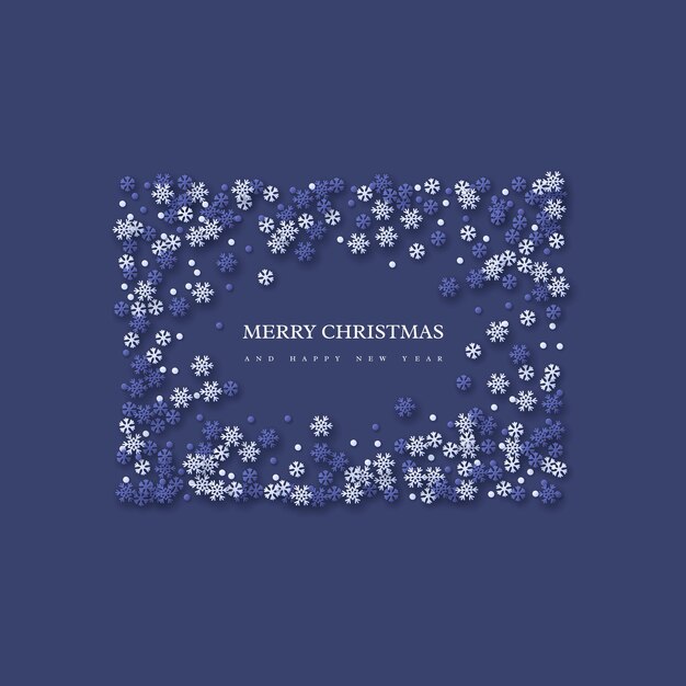 Free vector christmas holiday frame with paper cut style snowflakes. dark blue background with greeting text, vector illustration.