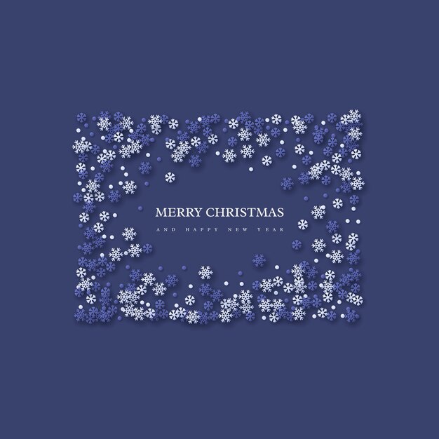 ペーパーカットスタイルの雪片とクリスマスホリデーフレーム。あいさつテキスト、ベクトルイラストと濃い青の背景。