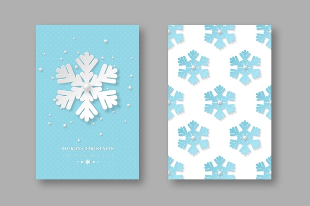 Christmas holiday posters with paper cut style snowflakes. blue dotted background with greeting text, vector illustration.