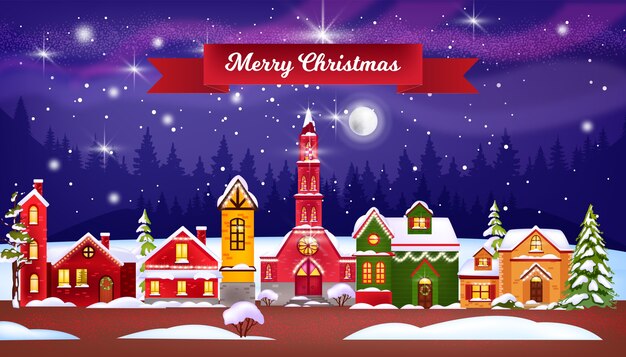 クリスマスの冬の家のイラスト 教会 装飾されたファサード 森のシルエット 空 プレミアムベクター