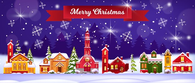 クリスマスの冬の家のイラスト 教会 装飾されたファサード 森のシルエット 空 プレミアムベクター クリスマスの冬の家のイラスト 教会 装飾されたファサード 森のシルエット 空 プレミアムベクター