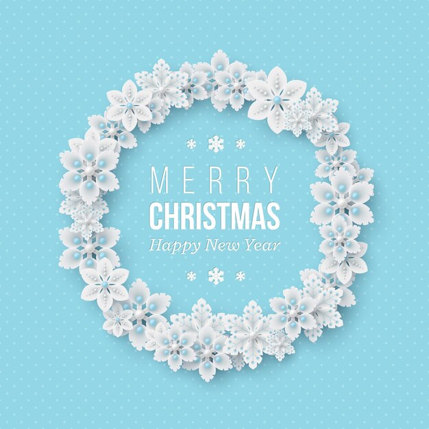 Christmas holiday wreath. 3d decorative snowflakes with shadow and pearls. Blue dotted background with greeting text. Vector illustration.