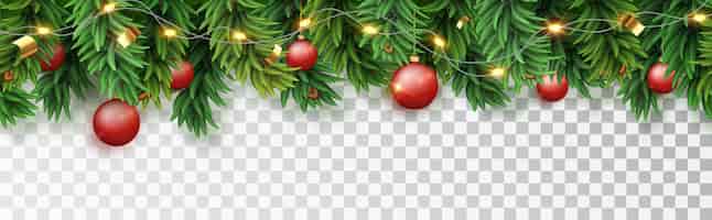Free vector christmas horizontal seamless frame with fir branches diode garland and red christmas toys