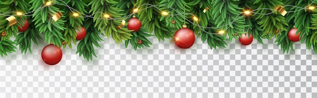 Рождественская горизонтальная бесшовная рамка с диодной гирляндой из еловых веток и красными елочными игрушками