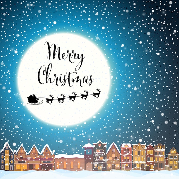 Рождественский дом в снегопад ночью с городом летающим Санта-Клаусом и оленями снег и большая луна