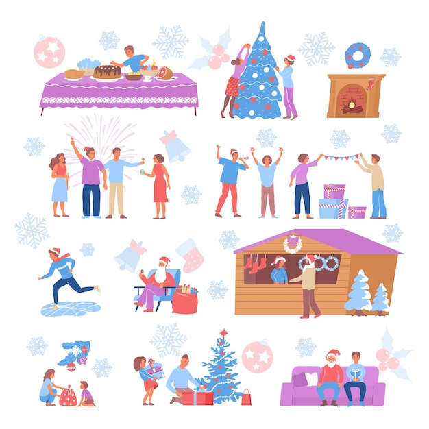 Free vector christmas icons set with santa claus happy people celebrating decorating house skating isolated on white background vector illustration