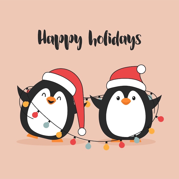 Free vector christmas illustration of two penguins playing with christmas lights