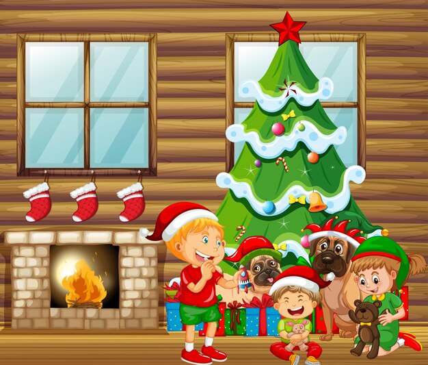 Рождественский интерьер с большим количеством детей и милыми собаками