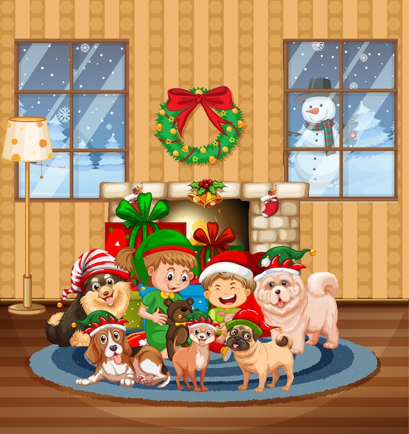 Christmas indoor scene with many children and cute dogs