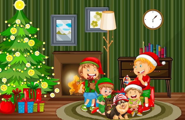 Christmas indoor scene with many children and cute dogs