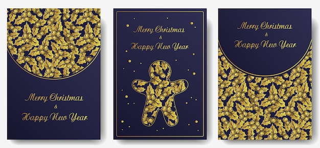 クリスマスの招待状または新年の休日のためのヒイラギとポストカードデザインのための冬のヒイラギ