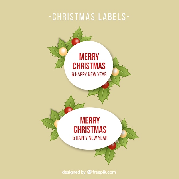 Christmas labels with holly leaves