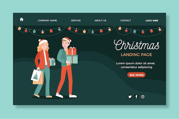 無料ベクター フラットなデザインのクリスマスのランディングページ
