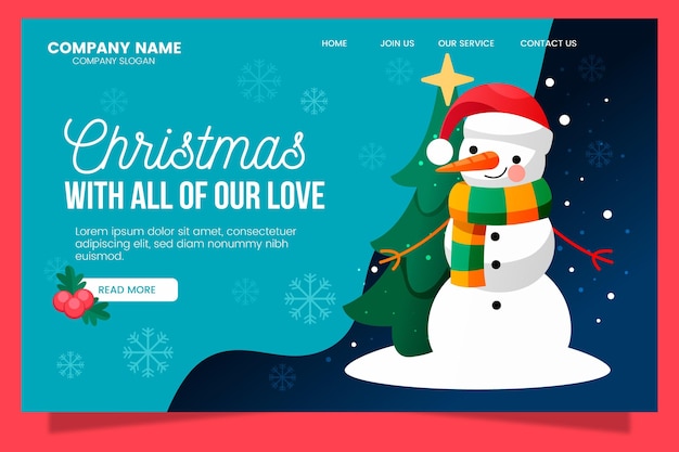 Christmas landing page with cute snowman illustrated