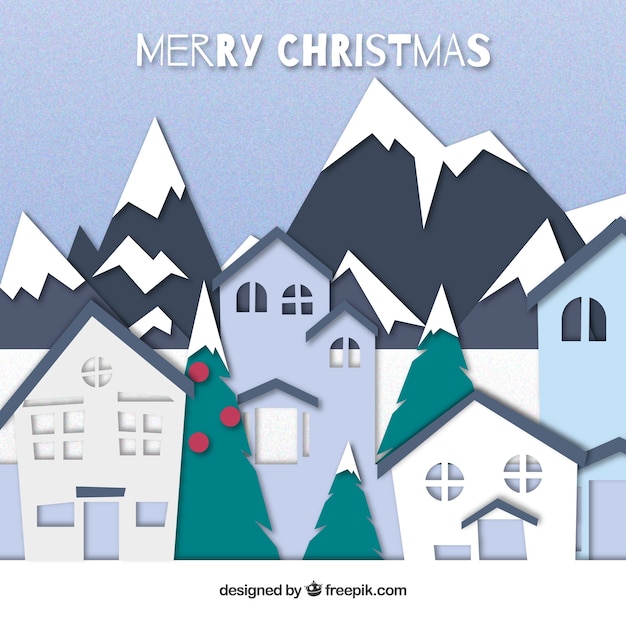 Christmas landscape background with mountains in flat design