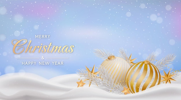 Free vector christmas landscape with snow and golden christmas balls