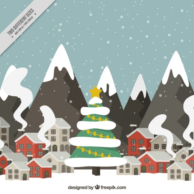 Christmas landscape with snowy mountains in flat design