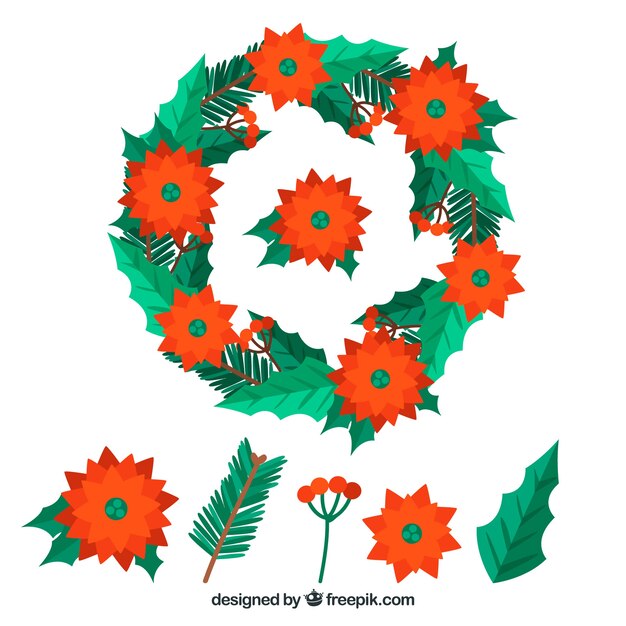 Christmas leaves and a wreath in red and green