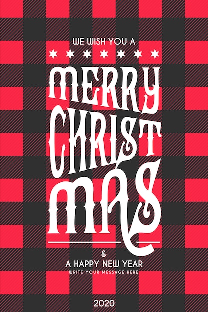 Free vector christmas lettering card with black and red tartan pattern