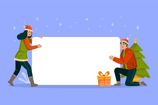 Free vector christmas man and woman holding blank banner