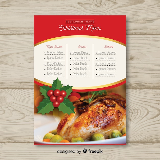 Free vector christmas menu template with photo