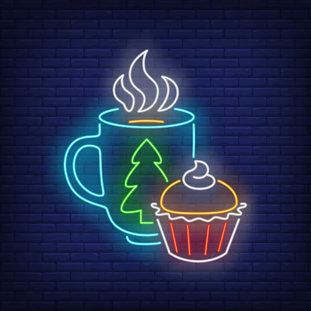 Vettore gratuito tazza e muffin di natale in stile neon