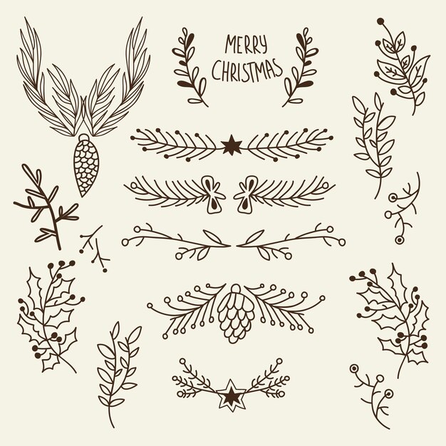 Christmas natural hand drawn template with tree branches cones and holly berry on gray illustration