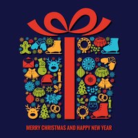 免费矢量圣诞和新年贺卡模板的选择coloruful季节性轮廓图标排列形状的圣诞礼物盒与丝带下面的文本