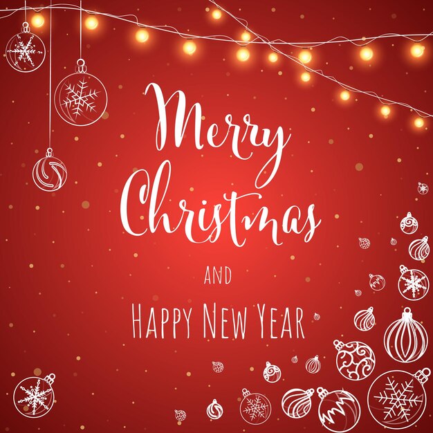 Christmas and New Year red background greeting card with lettering Vector illustration