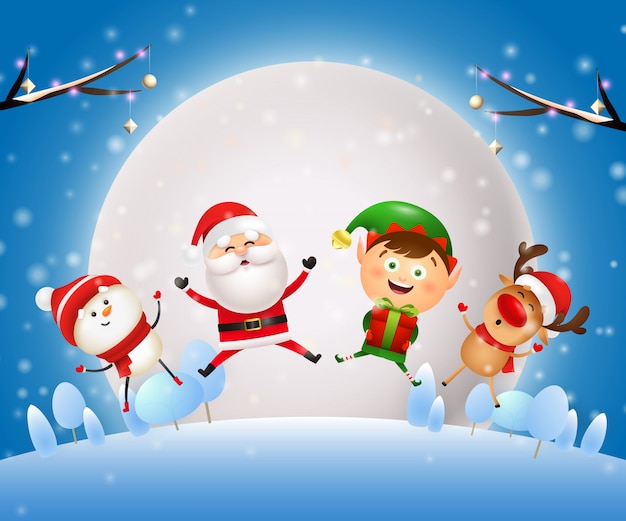 Free vector christmas night banner with santa, animals on blue ground