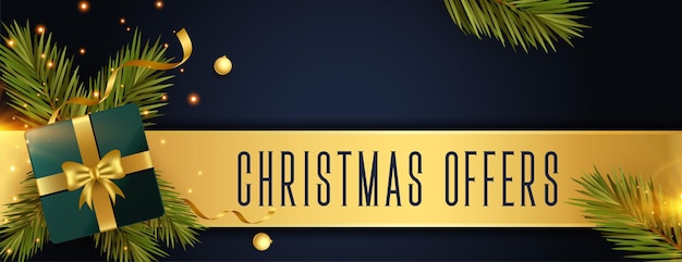 Christmas offer banner in golden theme with realistic 3d elements including leaves and gift boxes